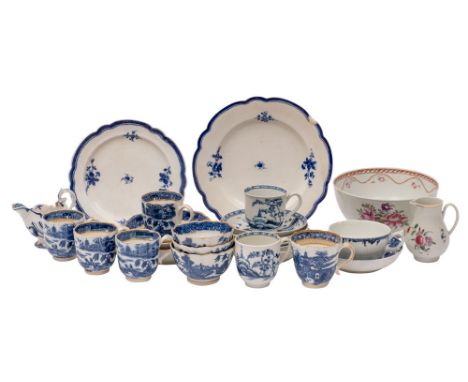 A group of 18th century English blue and white wares including tea and coffee cups, saucers, plates, First Period Worcester a