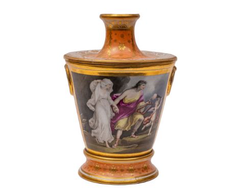 A Chamberlain-Worcester jardiniere/root pot in three parts, painted with a panel depicting Orpheus and Eurydice on a gilded o