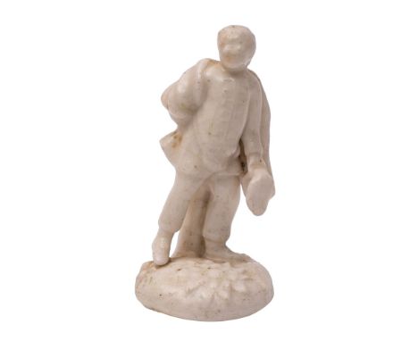 A Longton Hall Commedia dell'Arte white 'snowman' figure of Scapino, after the Kaendler/Reinicke original, wearing a cloak an