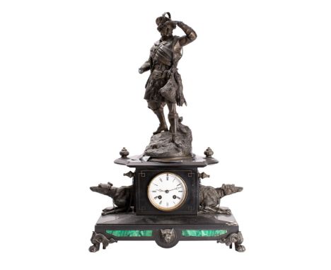 A French 19th Century slate mantel clock the eight-day duration movement striking the hours and half-hours on a bell, the dia