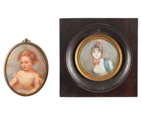 English School, early 19th centuryA miniature portrait of a young woman wearing a hatWatercolour on ivoryIn a circular gilt m