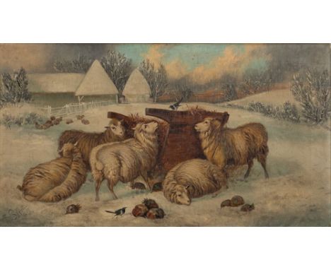 R. S. Mott (British, 19th century)Winter scene with sheep, farm buildings beyondoil on canvas, 44 x 80cm.signed and dated R. 