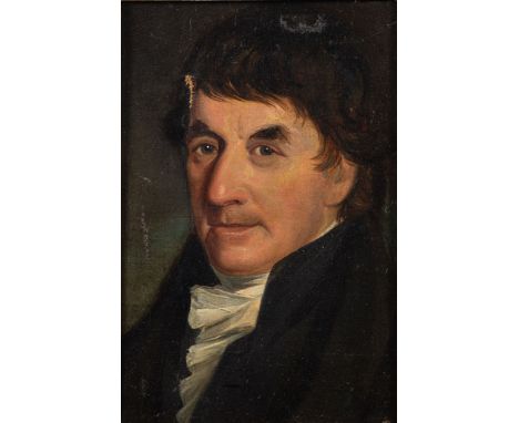 British School (circa 1820)Portrait of a gentlemanshoulder-length, wearing a dark coat and white stockoil on canvas36 x 25cm