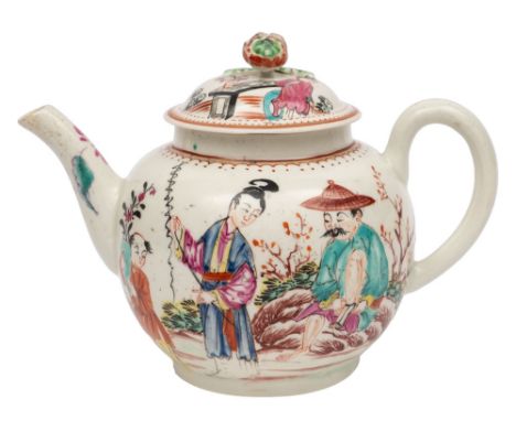 A First Period Worcester teapot and cover of globular form with bud finial, painted in famille rose enamels with the mandarin