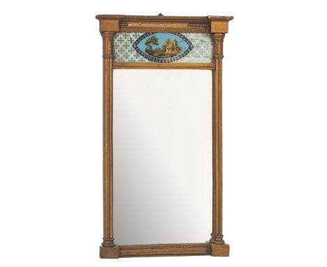 A Regency giltwood pier mirror of rectangular shape with a moulded cornice of recessed broken outline and verre églomisé frie