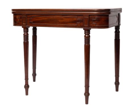 A George IV mahogany tea table, circa 1825; the hinged top above panel moulded friezes; on knop turned straight legs; 71cm hi