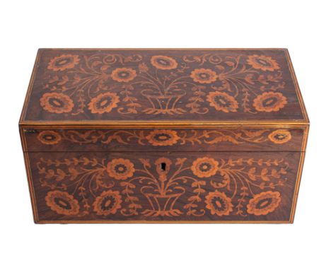 A 19th Century marquetry rosewood tea caddy the interior with glass bowl and two lidded caddies, inlaid with scrolling flower