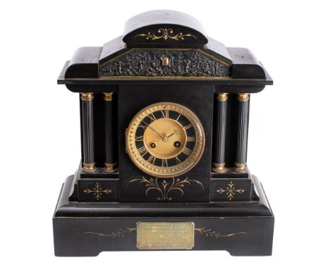 Samuel Marti, Paris, a Victorian polished slate mantel clock of architectural form the eight-day duration movement stamped fo
