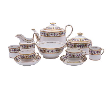 A Spode porcelain tea set, comprising an oval teapot cover and stand, milk jug, sucrier and cover, waste bowl, six cups, seve