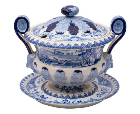 A Staffordshire blue printed 'India Vase Opaque China' pottery tureen, cover and stand with satyr mask scroll handles and gou