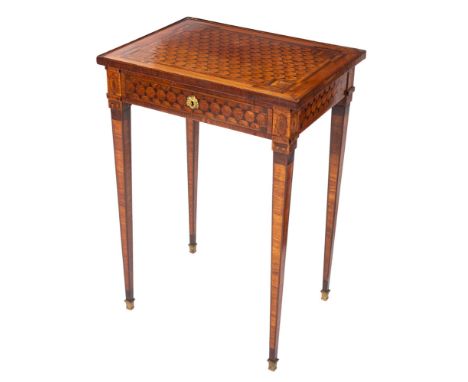A 19th Century French kingwood, tulipwood, satinwood and parquetry table à écrire of rectangular shape, crossbanded and borde