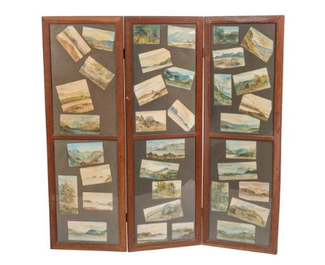 An oak three fold screen with inset watercolour studies of landscapes, each panel 164 x 55cm; a three fold screen with larger