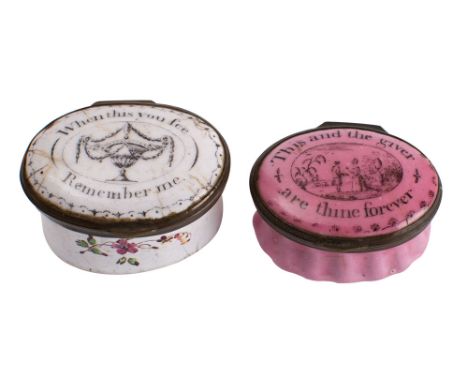 Two South Staffordshire enamel patch boxes, late 18th/early 19th century the first inscribed 'This and the giver are thine fo
