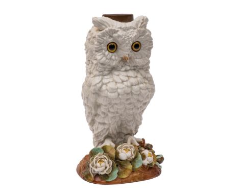 A German porcelain owl table lamp base naturalistically modelled on mound base applied with flowers and foliage, registration