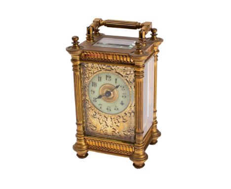 A decorative French Victorian carriage clock the eight-day duration timepiece movement having a platform cylinder escapement,