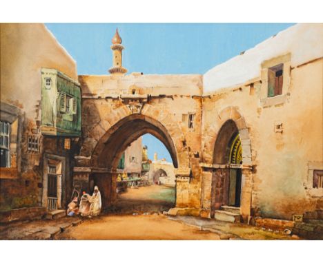 Noel Harry Leaver (British, 1889-1951)A North African city scene with a gate, figures and stall holders beyondsigned lower le