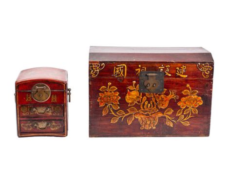 A Japanese red lacquered wood travelling toilet box and a decorated wood small domed trunk the first with mirror to the hinge
