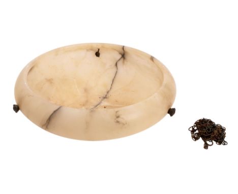 An Italian alabaster dish light, early 20th century; with dark grey veins in a creamy ground; the three suspension chains hun
