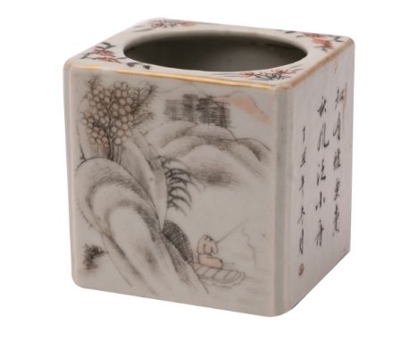 A Chinese square-section brush pot enamelled in iron-red and en grisaille with landscapes and poetic inscriptions, apocryphal