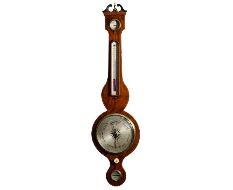 A mahogany wheel barometer having an eight-inch round silvered dial with usual barometer markings, blued-steel hand and brass