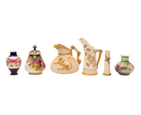 Six pieces of Royal Worcester porcelain comprising;-  an ivory ground tusk vase, a bamboo spill vase, an basket moulded ewer 