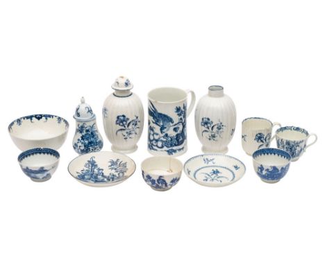 A mixed lot of First Period Worcester blue and white porcelain, circa 1770-80 including two 'Gillyflower' pattern ribbed tea 
