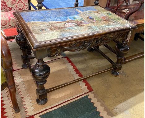 A Jacobean revival rectangular tile top coffee table, width 86cm, depth 59cm, height 54cm