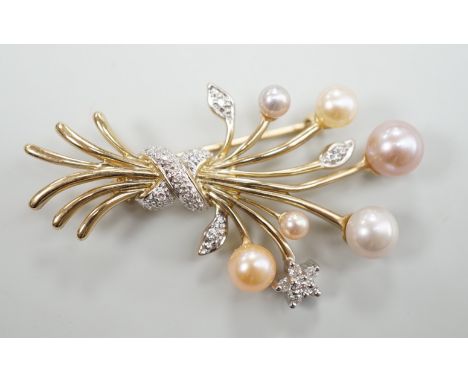 A modern 375 yellow metal, diamond chip and multi coloured graduated cultured pearl set spray brooch, 45mm, gross weight 6.2 