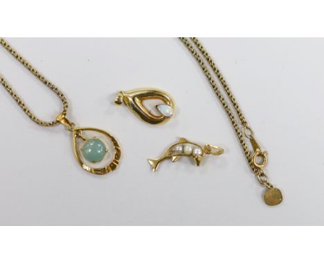 Three modern 18k and gem set small pendants, including cultured pearl set dolphin, overall 28mm and white opal set pear shape