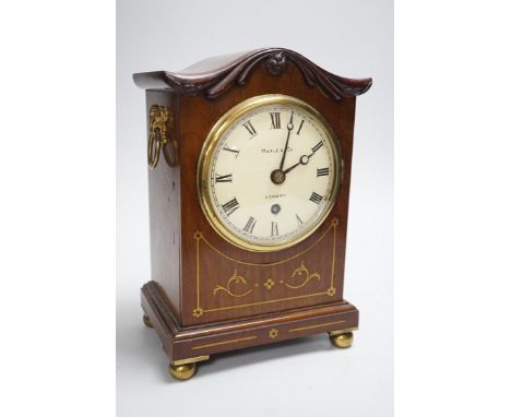 A brass strung mahogany mantel clock, dial signed Maple &amp; Co, London, 28cm