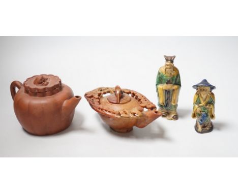 A Chinese carved soapstone pot, a terracotta teapot, and two earthenware figures, tallest figure 11cms high