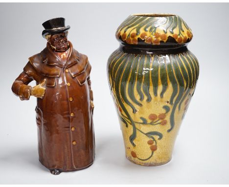 A Wileman &amp; Co Faience vase and a Doulton Pickwick decanter, tallest 27cm