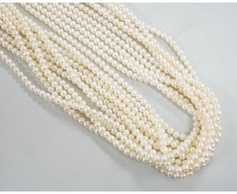 A modern multi strand cultured pearl necklace, with 925 clasp, 46cm.