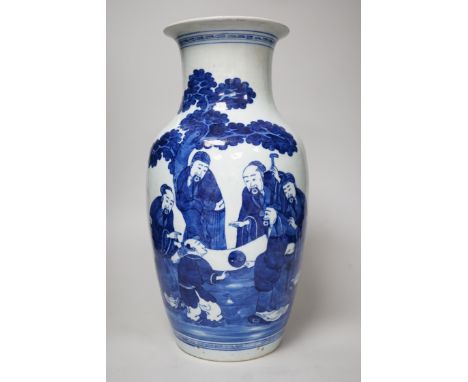 A large Chinese blue and white export vase, decorated with sages and attendants reviewing a scroll (a.f.), 37cms high
