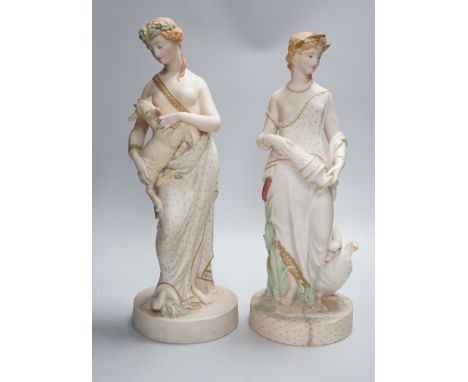 A pair of large W H Goss bisque classical female figures, one with lamb, the other Leda and the Swan, 45cm