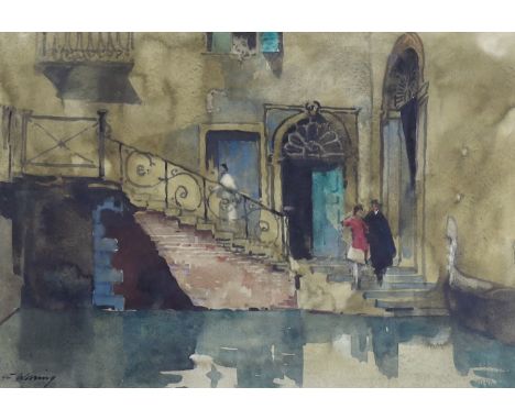 Henry Franks Waring (fl.1900-1928), watercolour, View of figures on a step in Venice, signed, gallery label to reverse, 24 x 