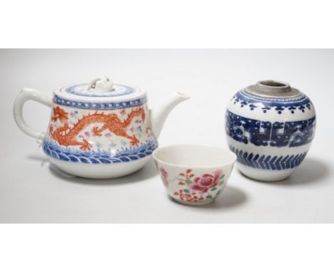 A Chinese blue and white ovoid vase, 9cm, a dragon teapot and cover and a famille rose cup