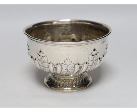 An Edwardian demi fluted silver presentation pedestal rose bowl, with engraved inscription, Mappin &amp; Webb, Sheffield, 190