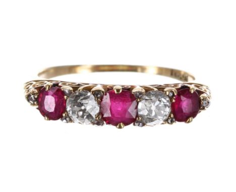 18ct claw set yellow gold ruby and diamond five stone ring, set with two round old-cut diamonds estimated 0.40ct approx, betw