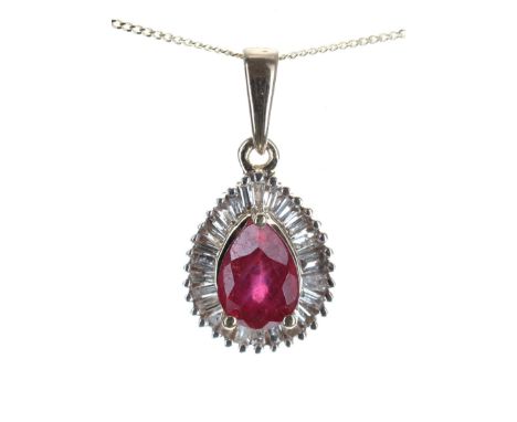 Modern 9ct ruby and diamond pear shaped pendant on chain, the pendant 19mm x 9mm, 1.7gm 
