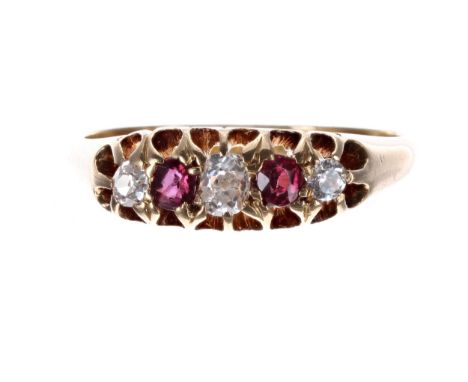 Antique 18ct yellow gold ruby and diamond claw set ring, Birmingham 1915, width 6mm, 3.1gm, ring size L/M 