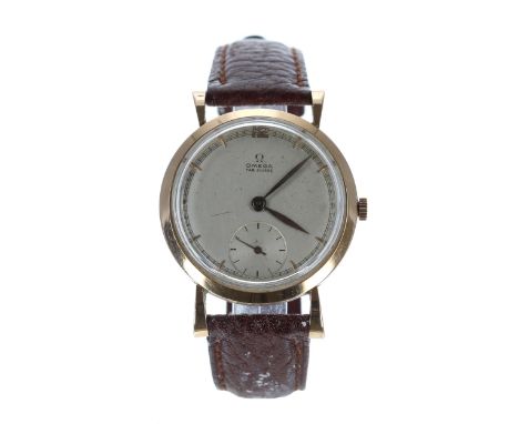 Omega 18ct gentleman's wristwatch, serial no. no. 11490xxx, circa 1947, silvered dial, 17 jewel movement, modern brown leathe