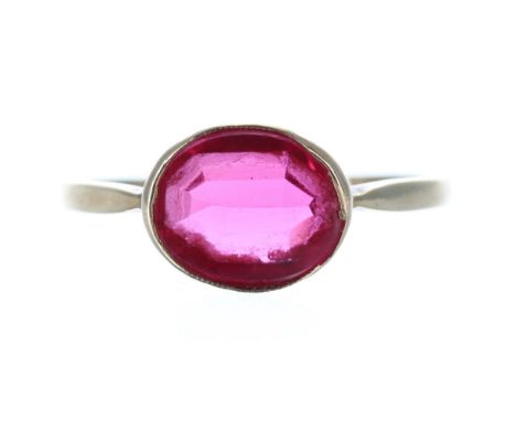 Antique yellow gold synthetic ruby oval single stone ring, width 8.5mm, 2.1gm, ring size M/N 