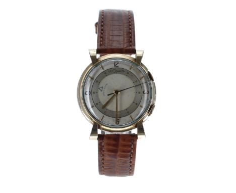 LeCoultre Alarm 10k gold filled gentleman's wristwatch, silvered dial, inscription to the case back, modern tan leather strap