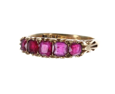 18ct yellow gold claw set five stone ruby ring,&nbsp;estimated 1.90ct approx in total, width 5mm, 4gm, ring size N/O 