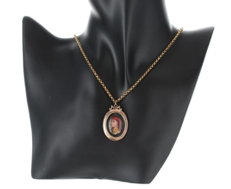 Gold mounted oval porcelain pendant painted with a portrait of a lady, on a 9ct yellow gold link necklace, 18" long approx, t
