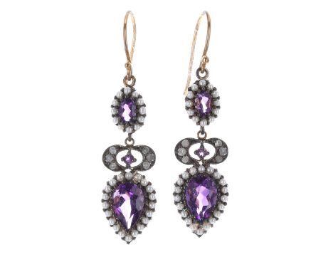 Pair of attractive amethyst, pearl and diamond drop earrings in the antique style, 4.5gm, drop 45mm 