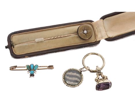 19th century gold mounted amethyst set intaglio fob, with a gold engraved mourning pendant, turquoise set gold bug brooch and