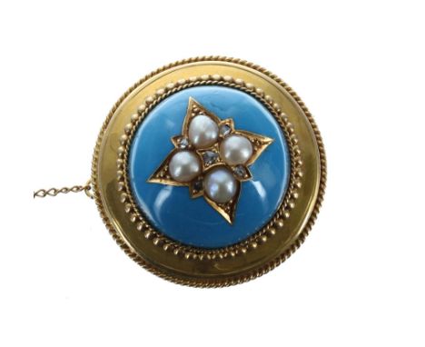 Attractive Victorian turquoise enamel, pearl and diamond set circular dome set brooch, set with roes-cut diamonds, seed pearl