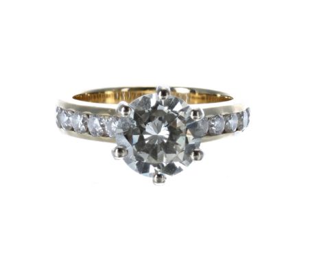 Good 18ct yellow gold solitaire diamond ring with set shoulders, the centre&nbsp;diamond 1.60ct approx, clarity VS2-SI, colou